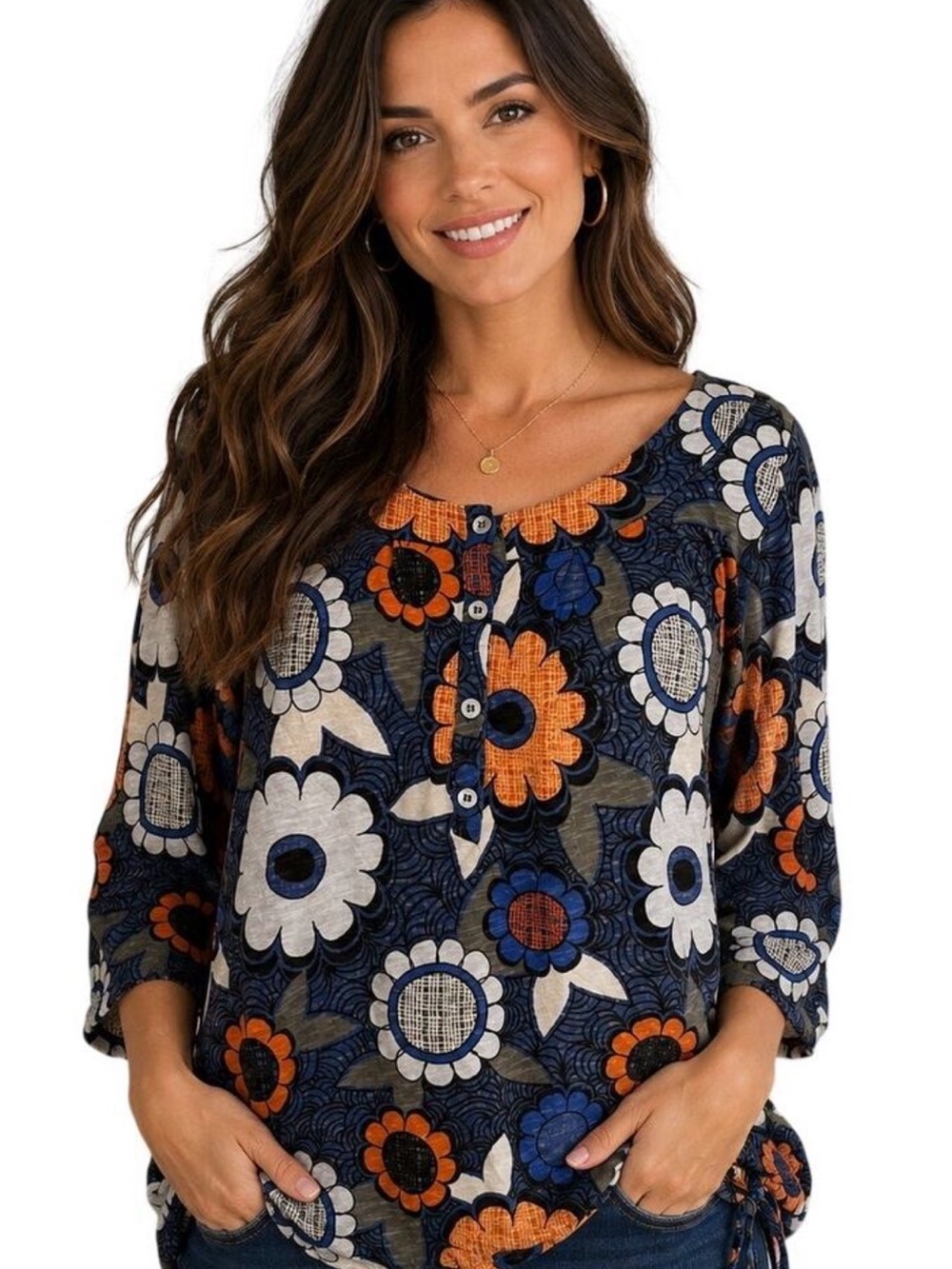Next Floral Top Womens Size 10 Blue Orange White Mod Cotton Casual Henley Blouse
